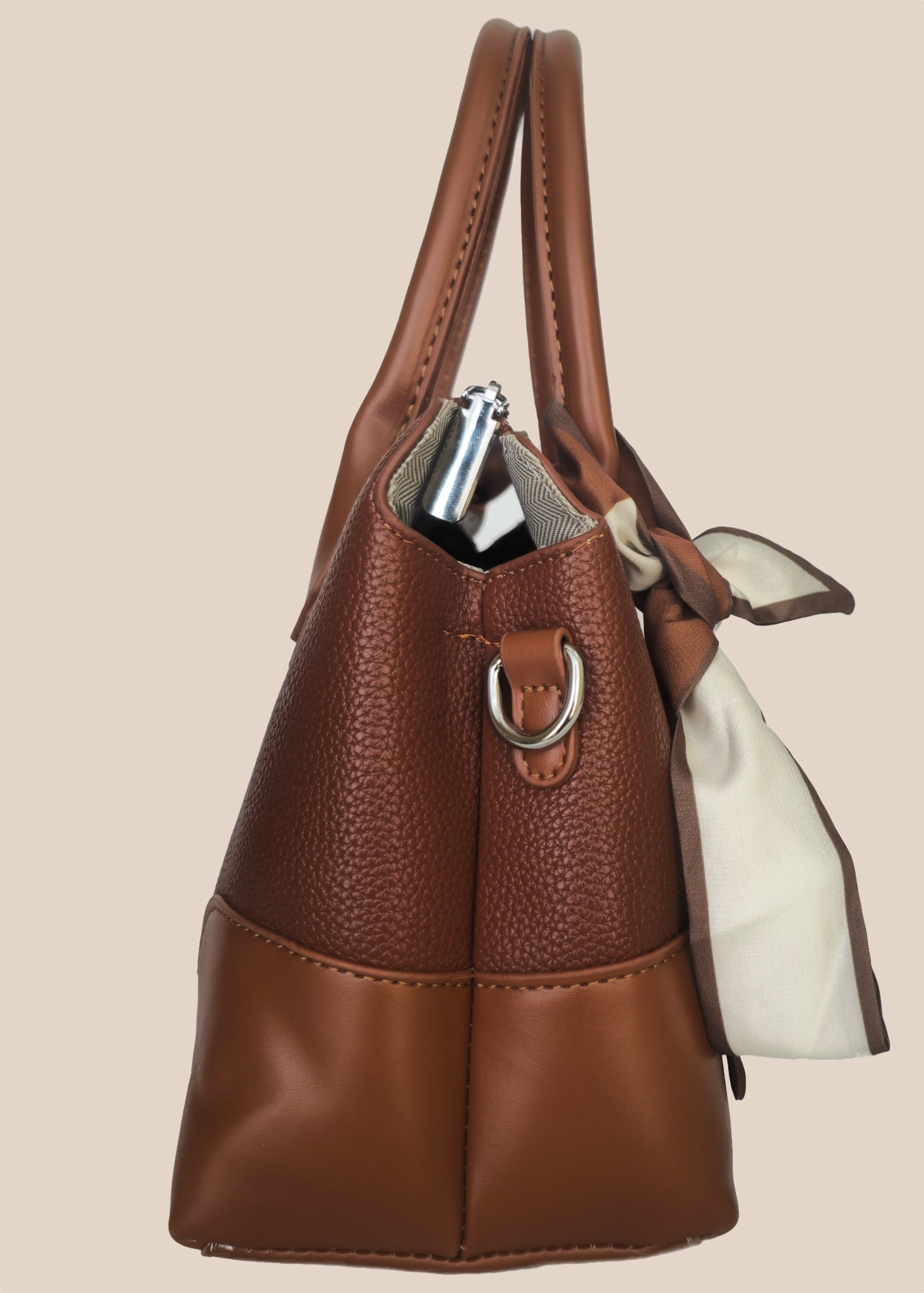 Brown handbag with a matching scarf side view