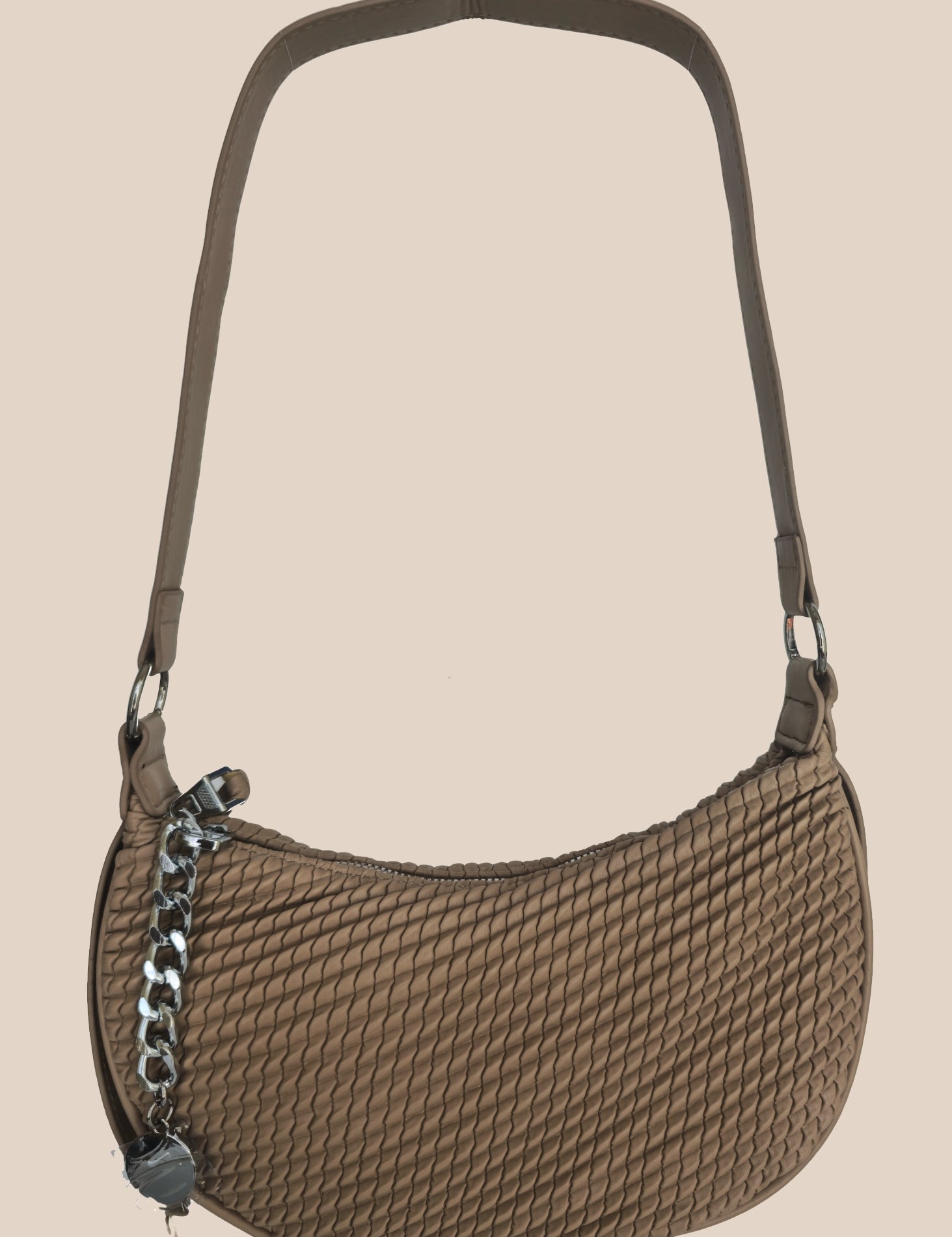 Brown textured handbag with a chain detail