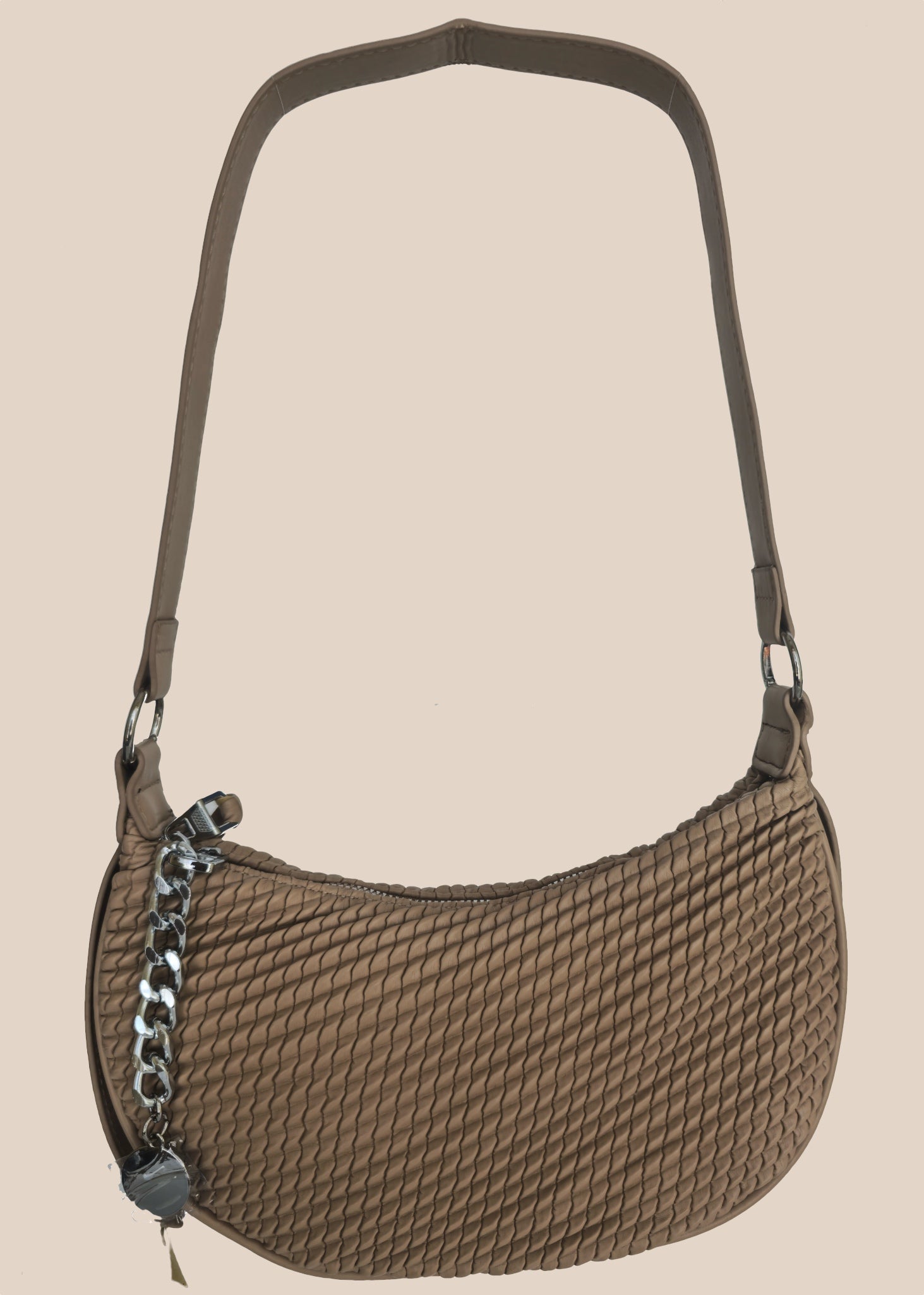 Brown textured handbag with a chain detail