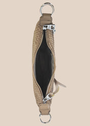 Beige leather handbag with a zipper top view