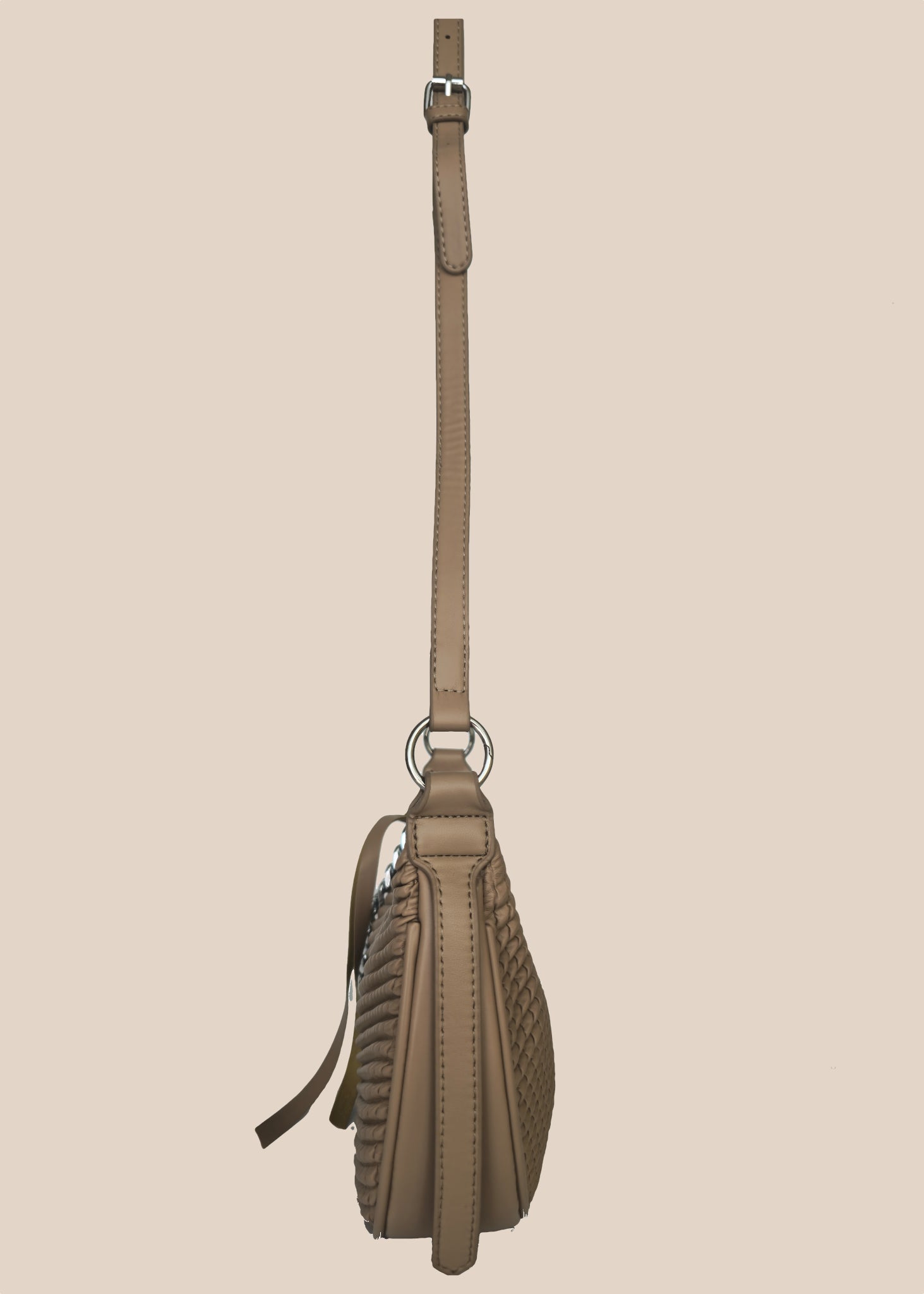 Brown textured small handbag with a zipper side view
