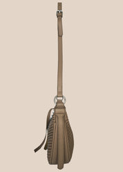 Brown textured small handbag with a zipper side view