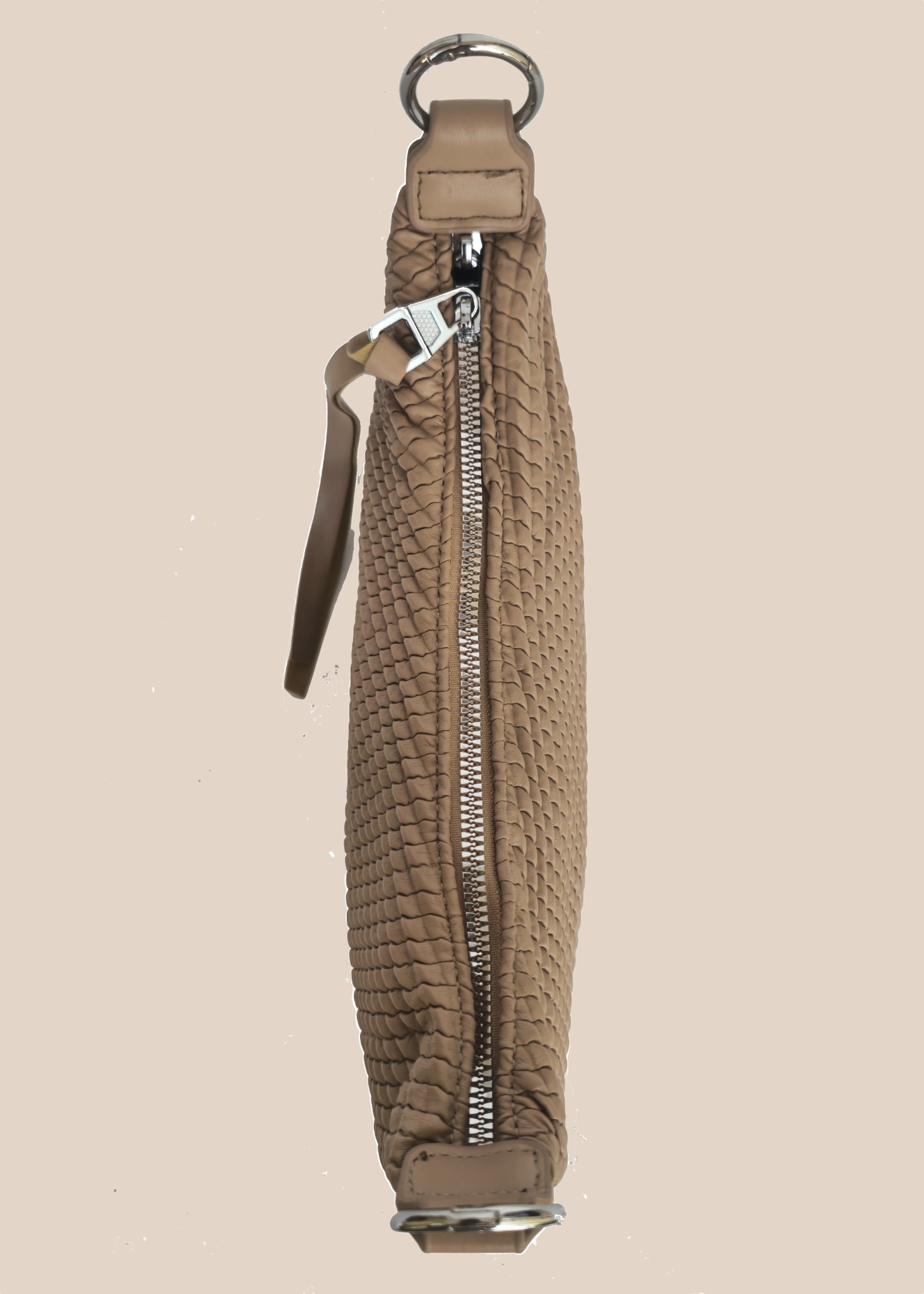 Brown textured small handbag with a zipper