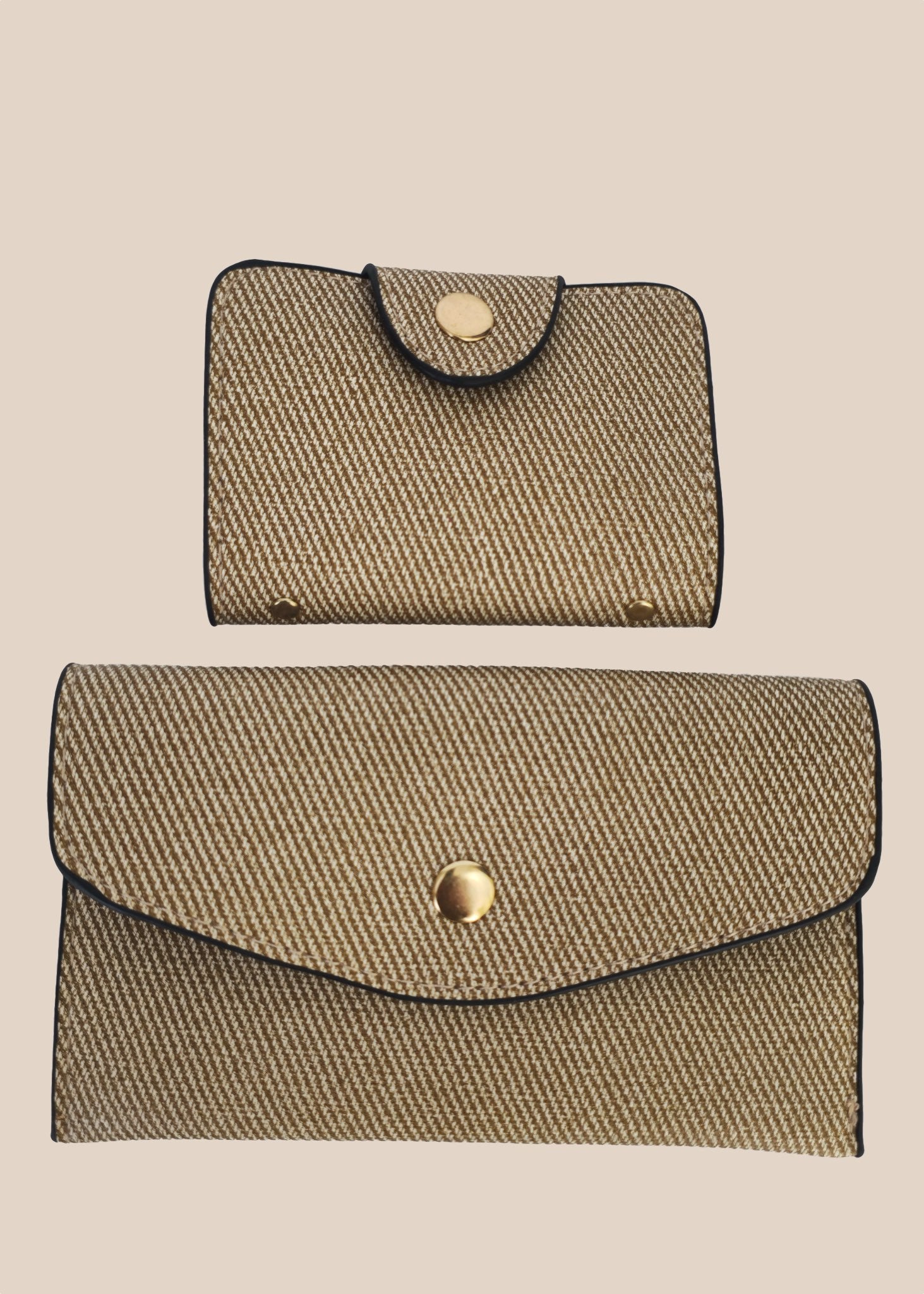 Two beige textured pouches with gold buttons