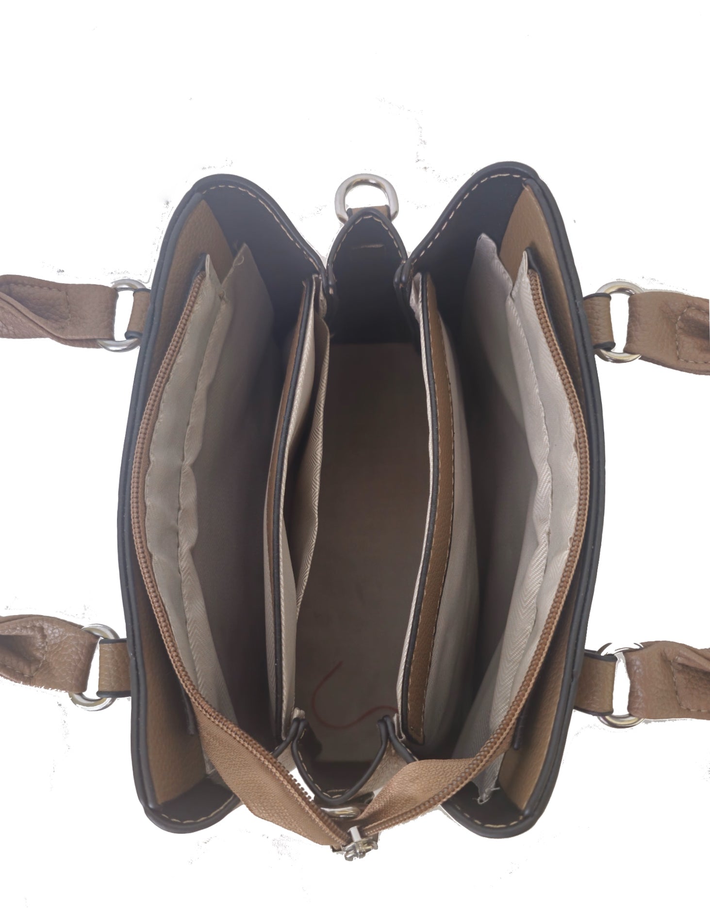 Brown leather handbag with open interior on a white background