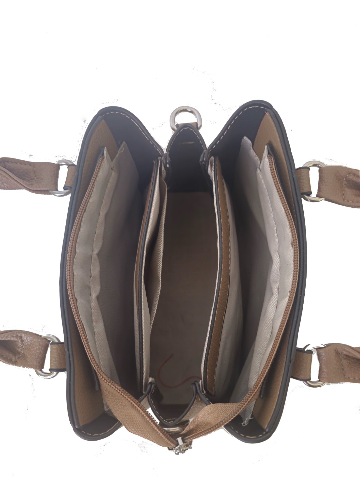 Brown leather handbag with open interior on a white background