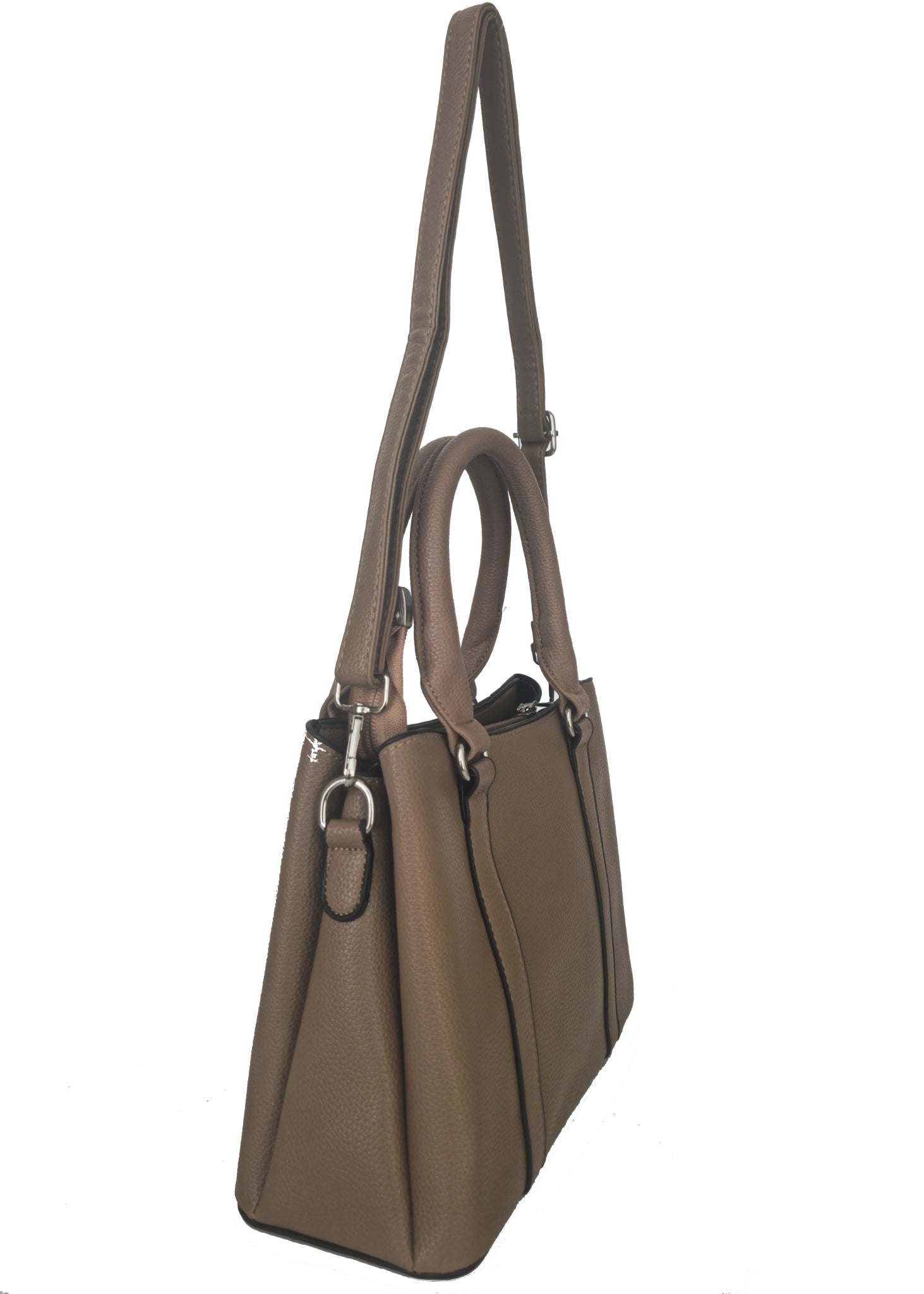 Brown handbag with a shoulder strap on a white background