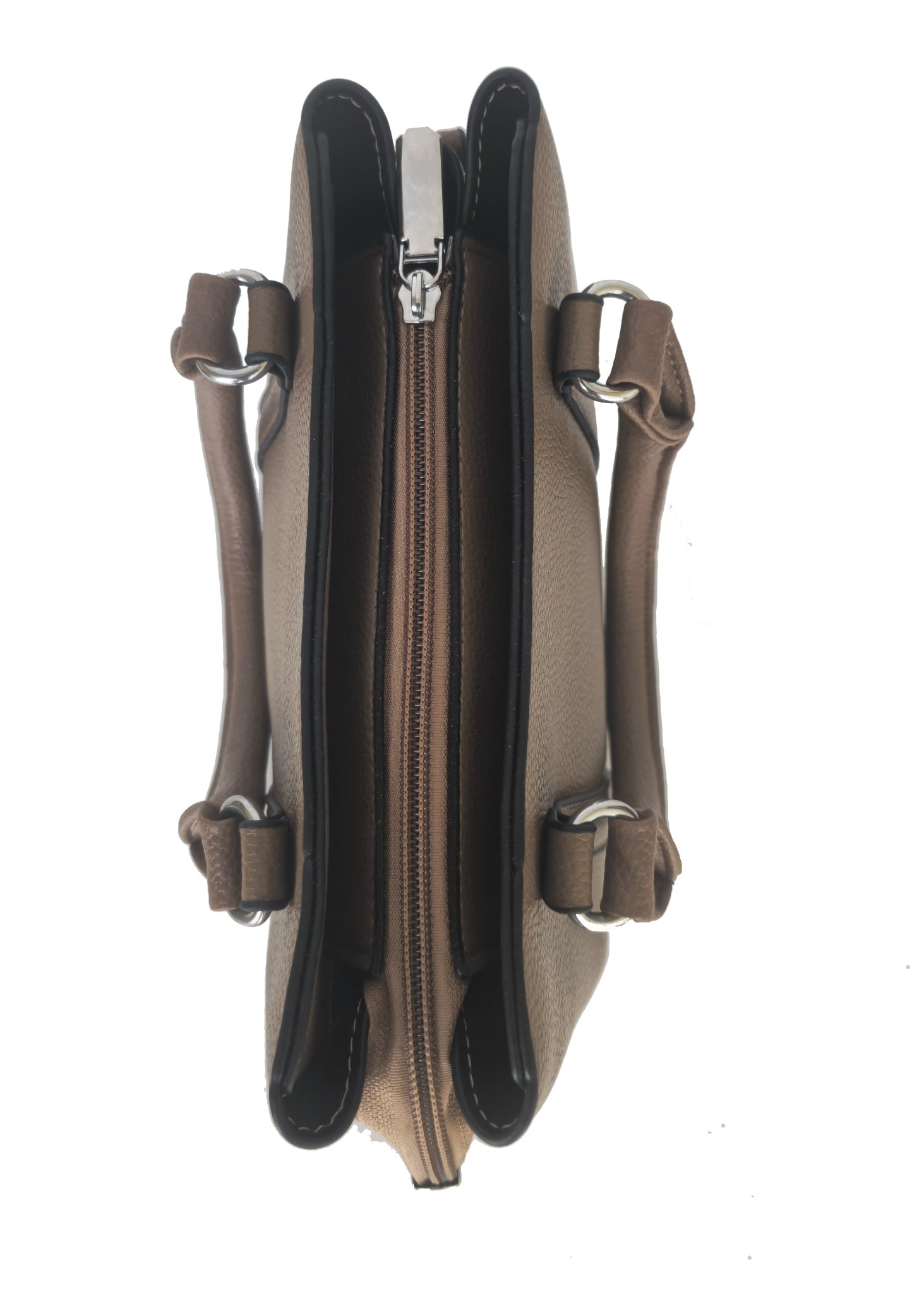 Brown leather bag with zippers on a white background