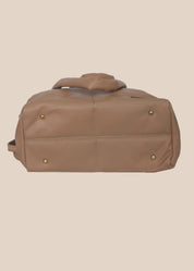 Brown smooth form handbag with a strap and handles bottom view