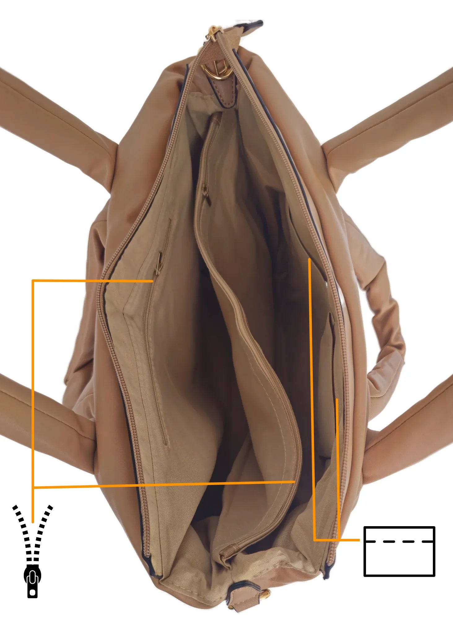 Brown quilted form handbag with a strap and handles interior view 2
