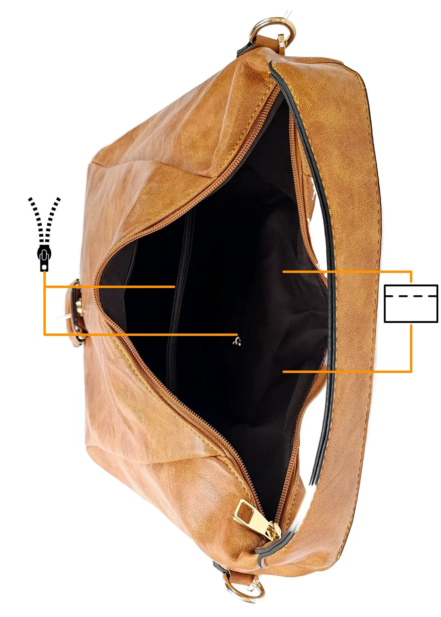 Brown leather handbag with a buckle detail top view