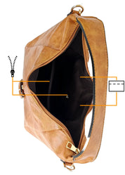 Brown leather handbag with a buckle detail top view