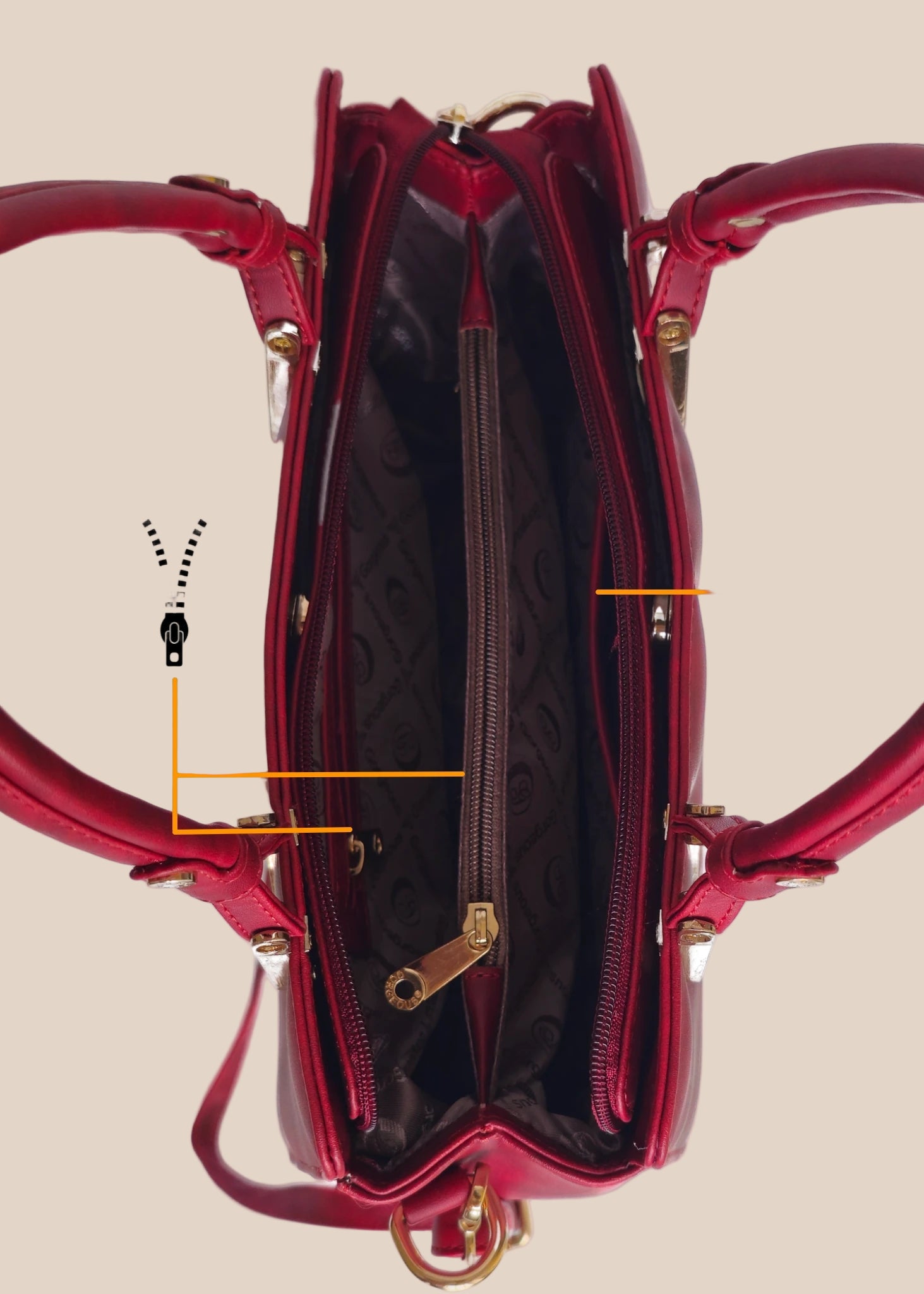 Dusty pink handbag with gold accents interior view 2