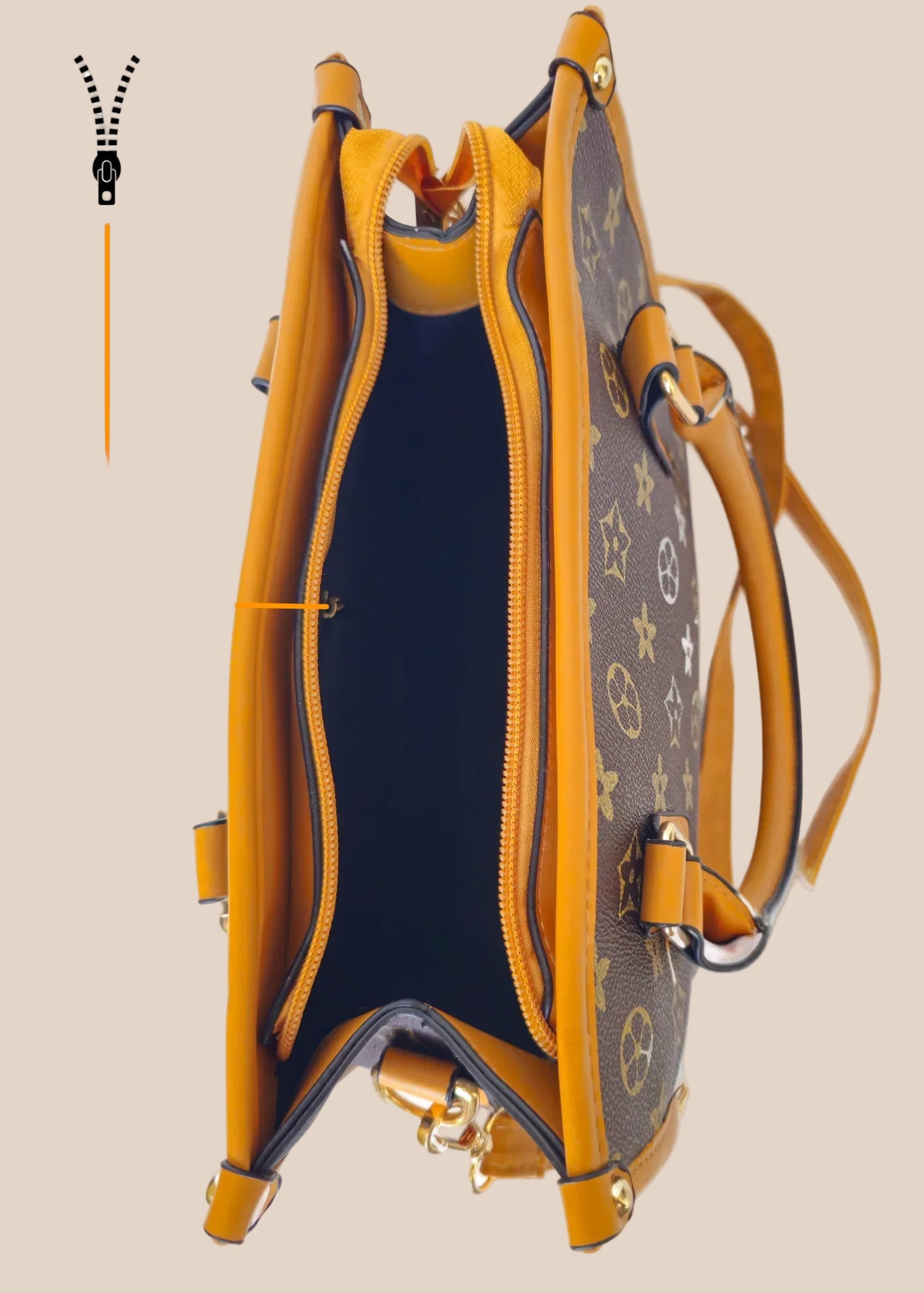 Handbag with a star pattern and a brown handle interior view