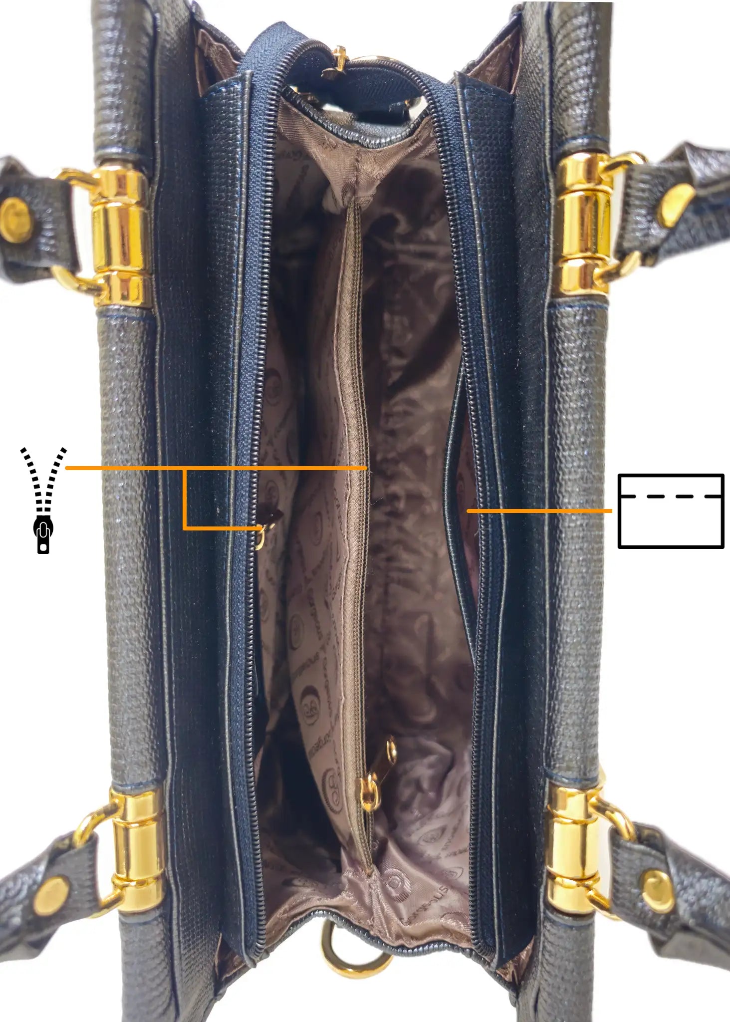 Blue handbag with gold accents, inside view