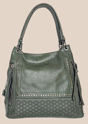 Green handbag with decorative studs and cut-out patterns front view