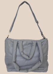 Gray smooth form handbag with a strap and handles front view