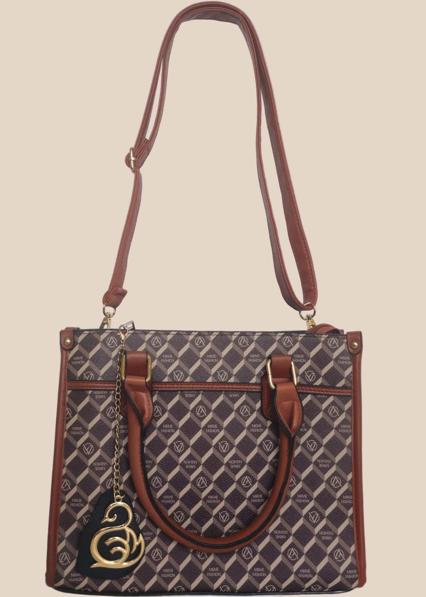 Patterned handbag with brown accents front view