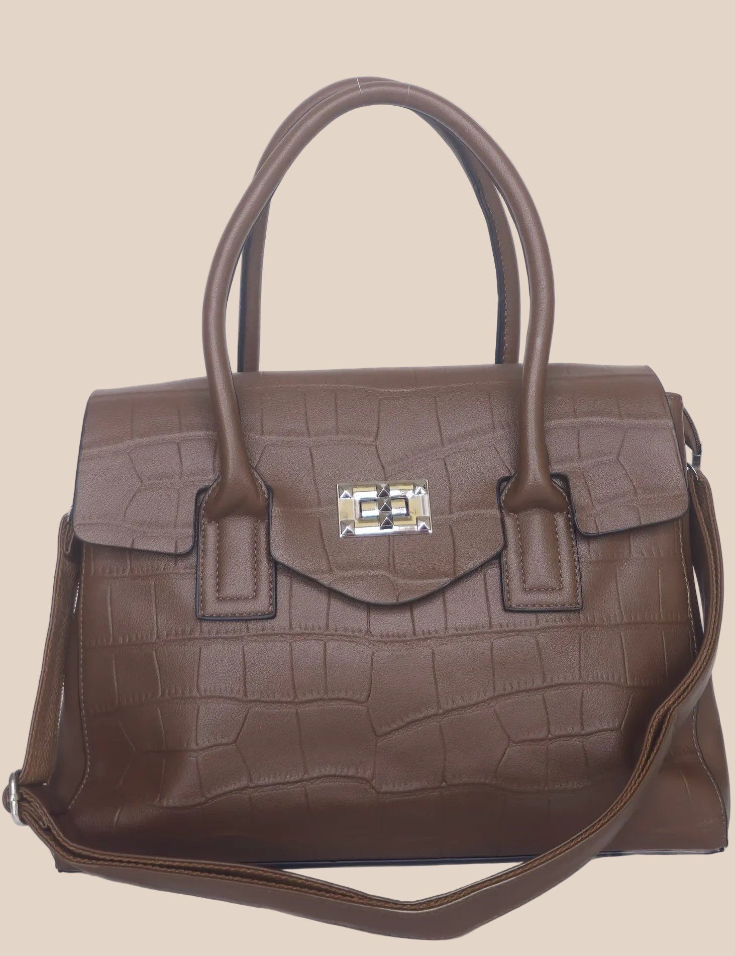 Brown crocodile-patterned ladies' handbag with a shoulder strap front