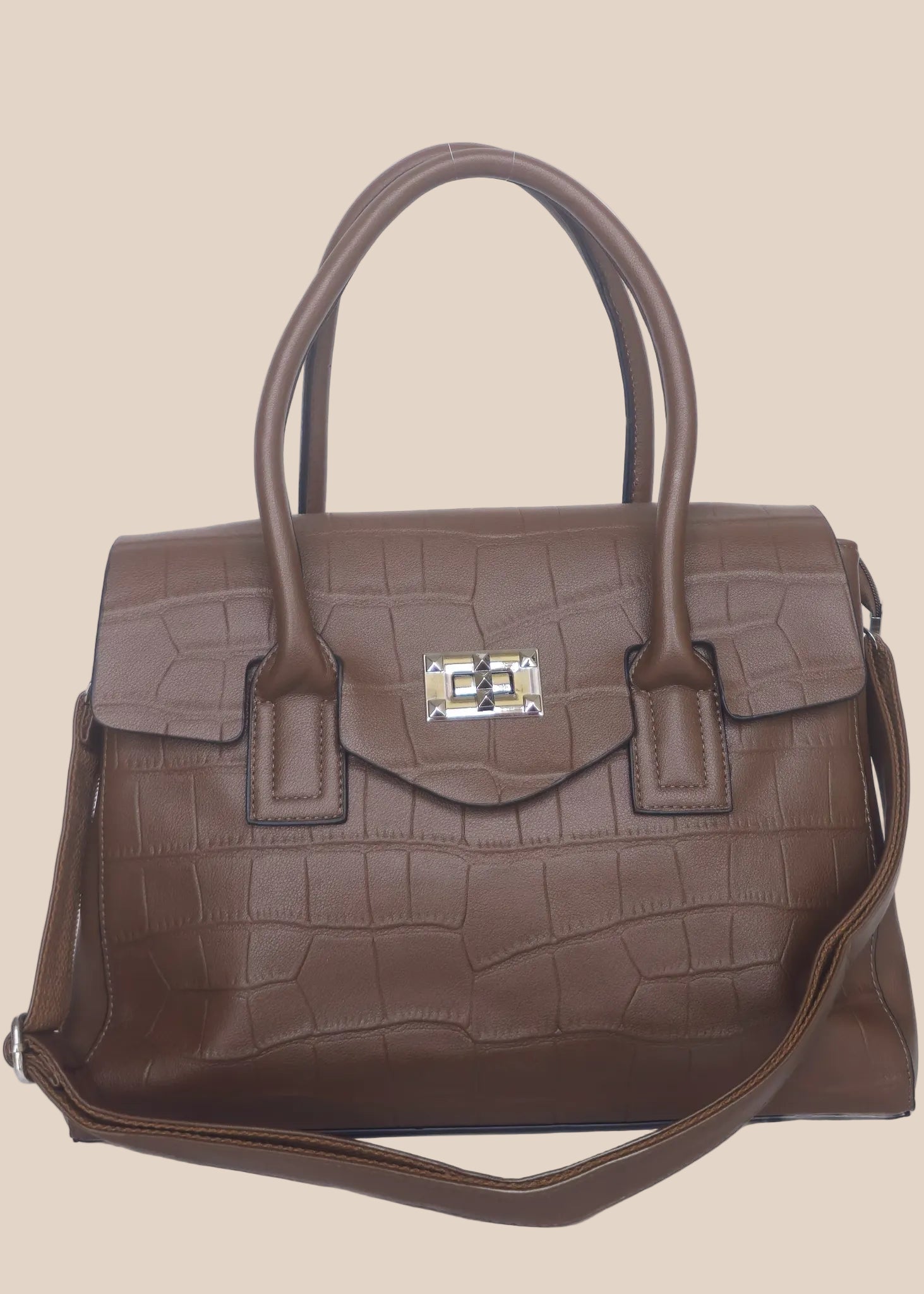Brown crocodile-patterned ladies' handbag with a shoulder strap front