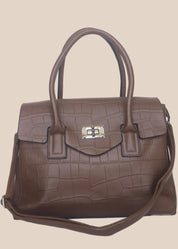 Brown crocodile-patterned ladies' handbag with a shoulder strap front