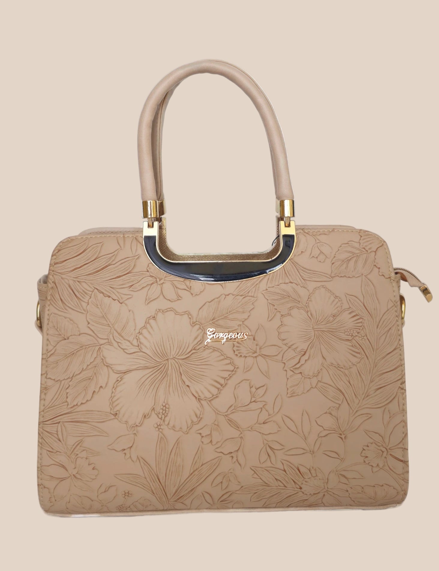 Beige handbag with a floral pattern and a gold handle front view