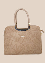 Beige handbag with a floral pattern and a gold handle front view