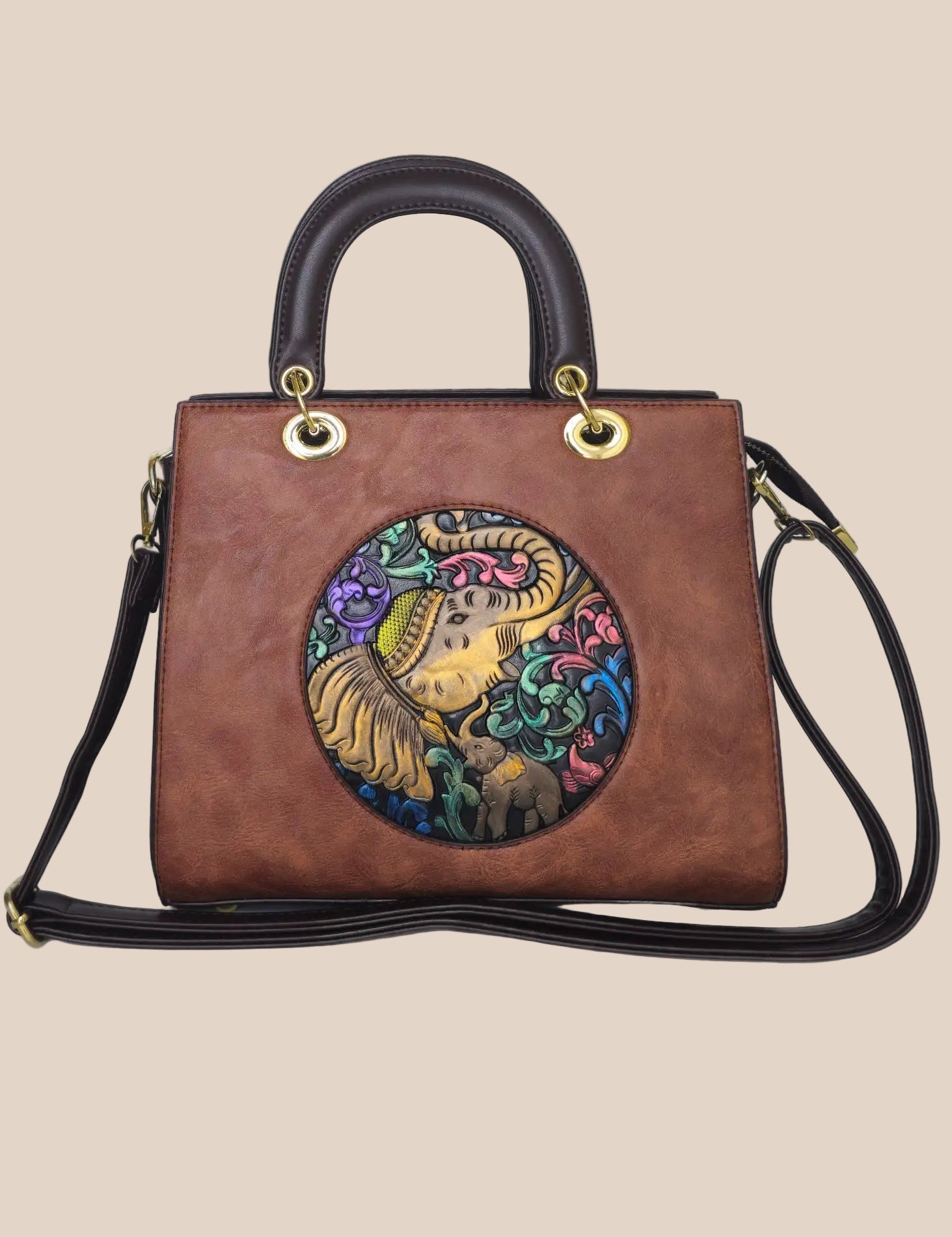 Brown party handbag with a colourful art front view