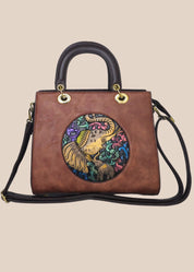 Brown party handbag with a colourful art front view