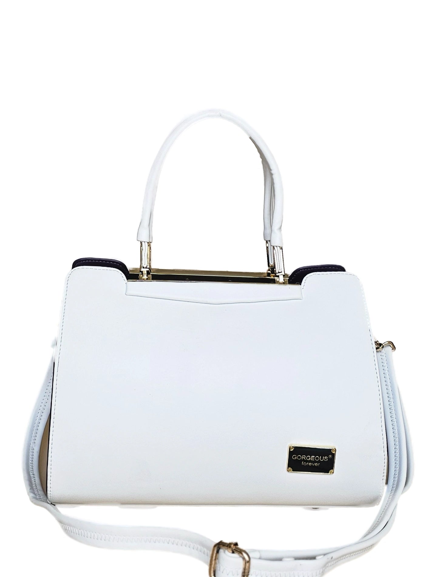 White handbag with gold accents front view