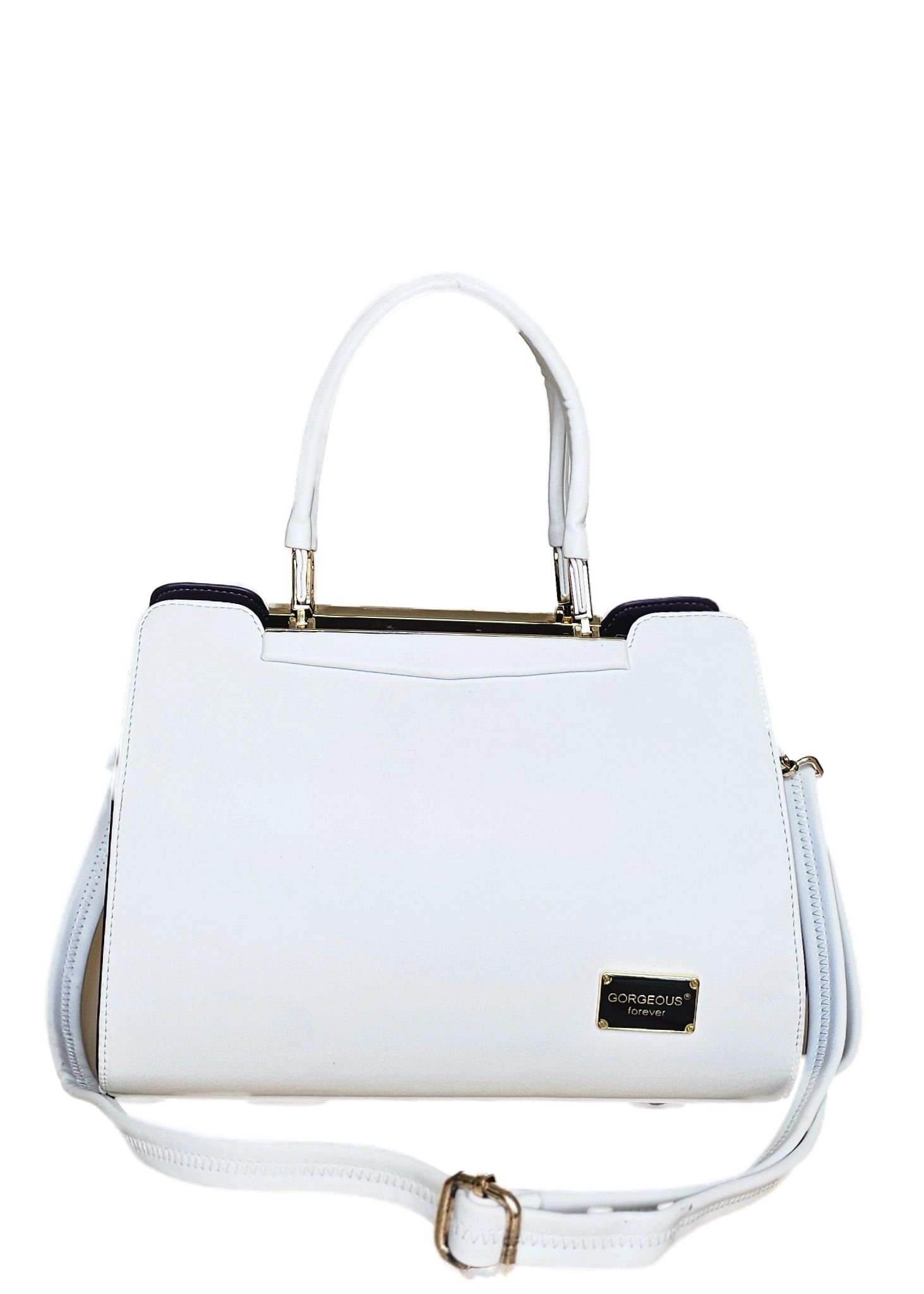 White handbag with gold accents front view
