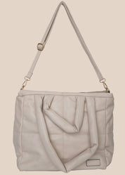 Light Gray smooth form handbag with a strap and handles front view