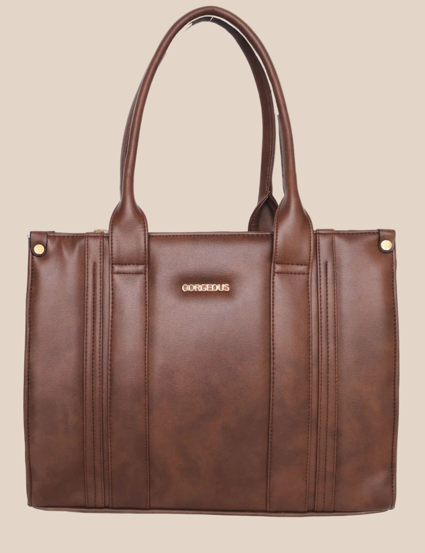 Brown leather tote bag with 'GORGEOUS' branding from doodluxe