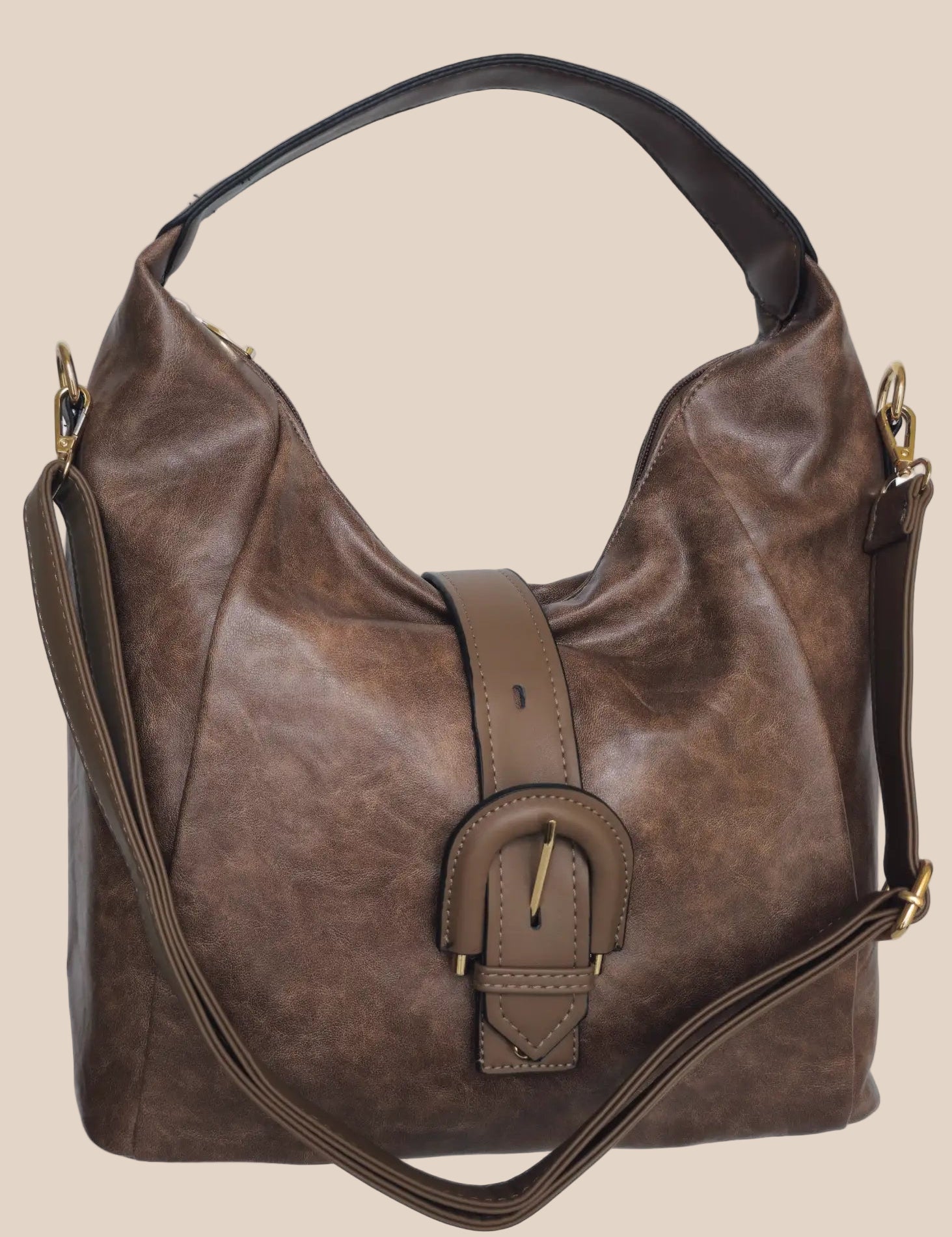 Dark Brown leather handbag with a buckle detail front view