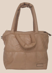 Brown smooth form handbag with a strap and handles front view 2