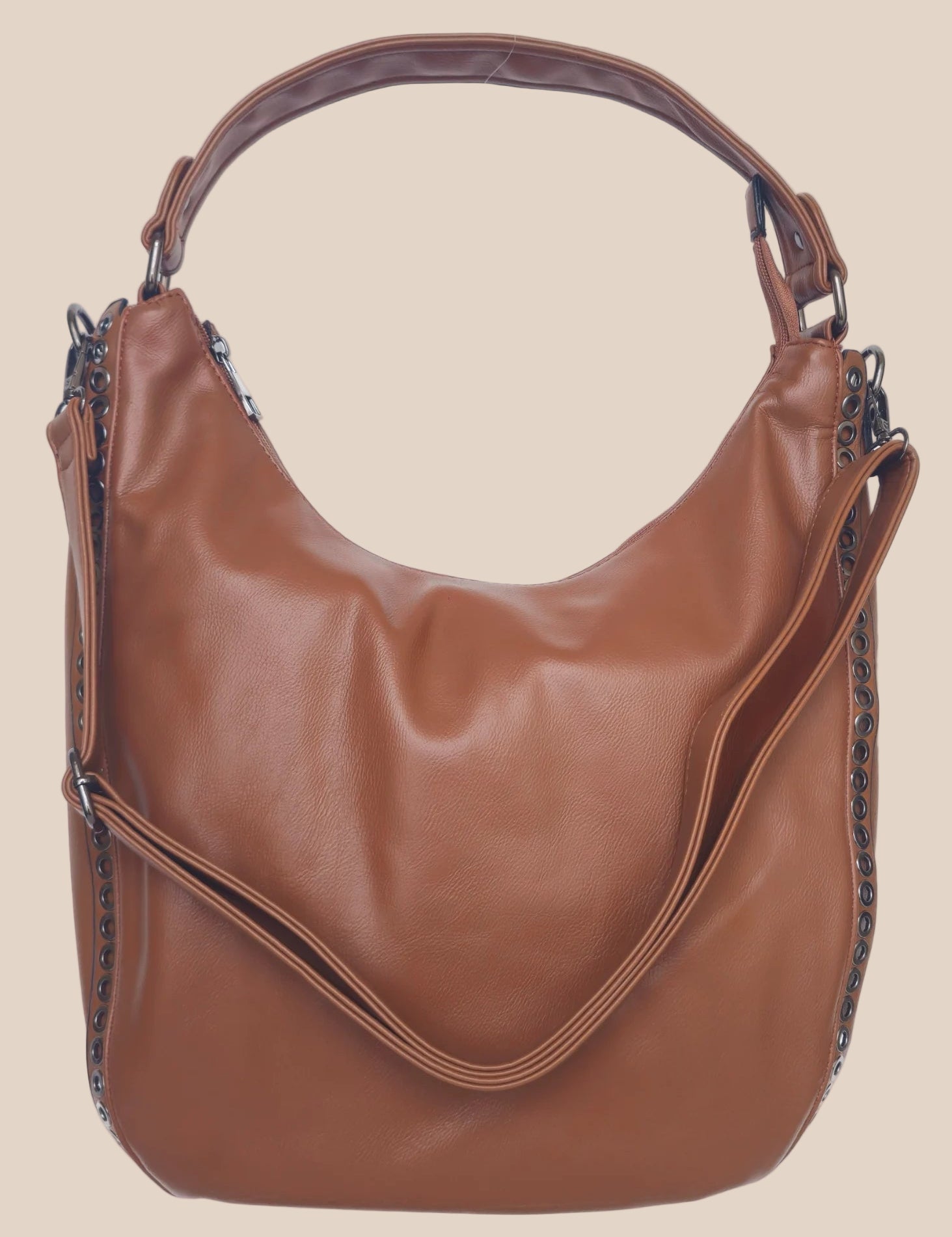 Brown leather handbag front view