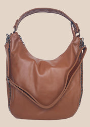 Brown leather handbag front view