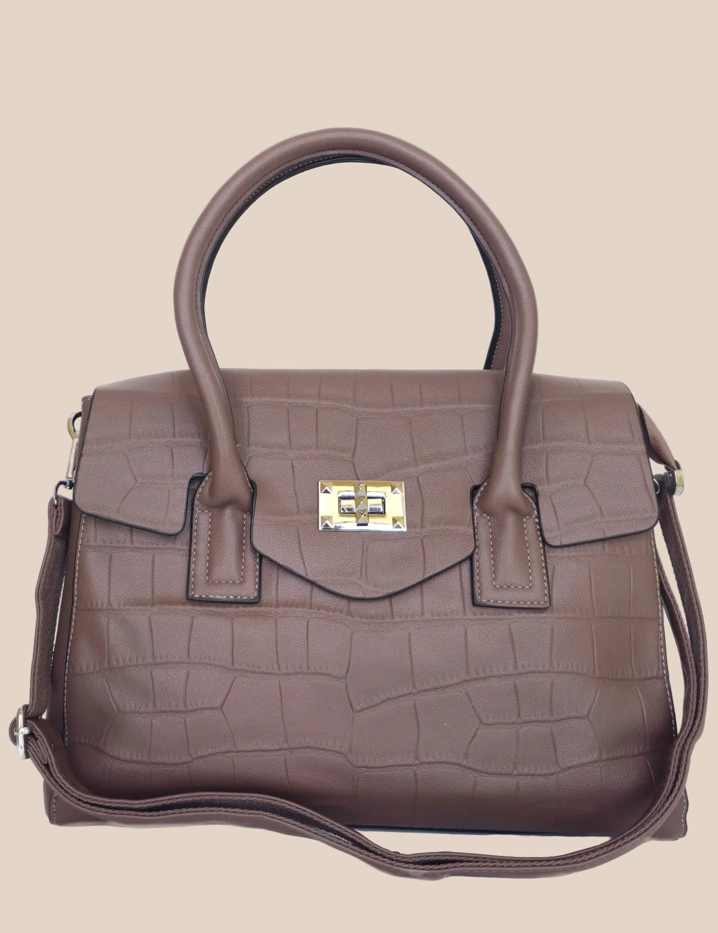 Brown PU ladies' handbag with flap front