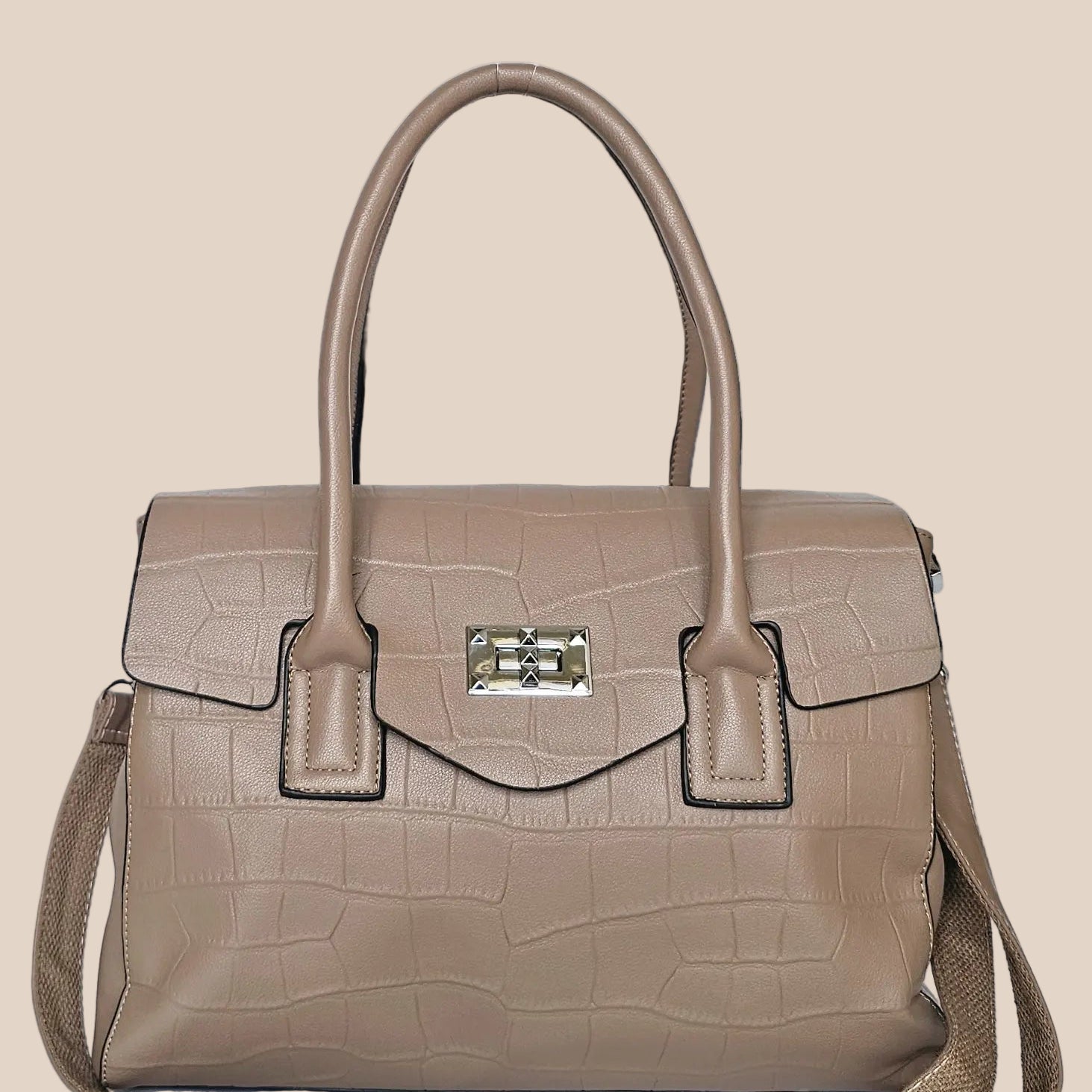 Beige PU ladies' handbag with a front strap