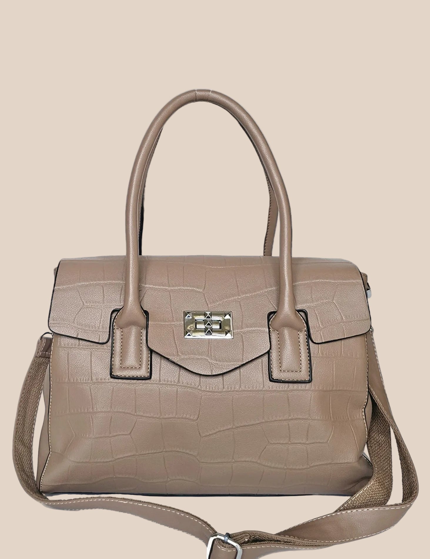 Beige PU ladies' handbag with a front strap