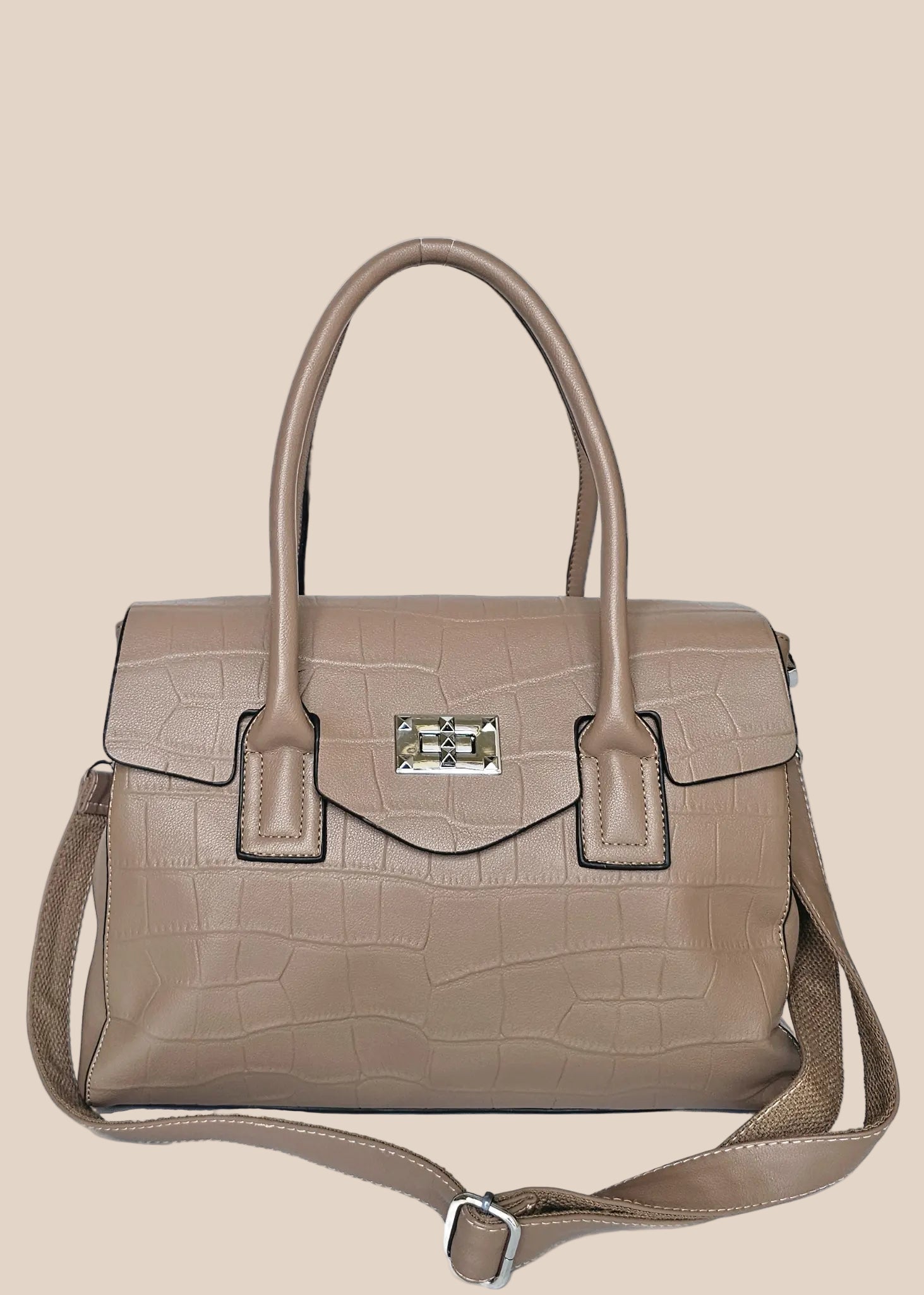 Beige PU ladies' handbag with a front strap