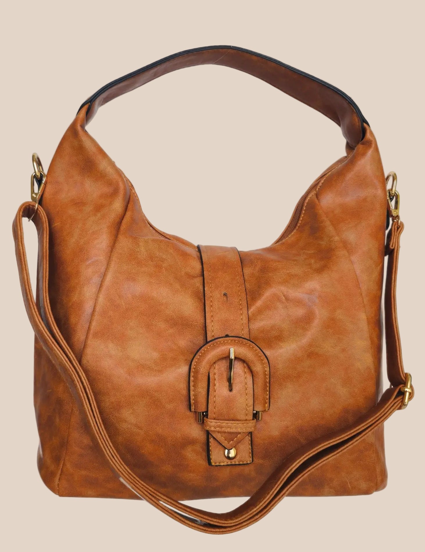 Brown leather handbag with a buckle detail front view