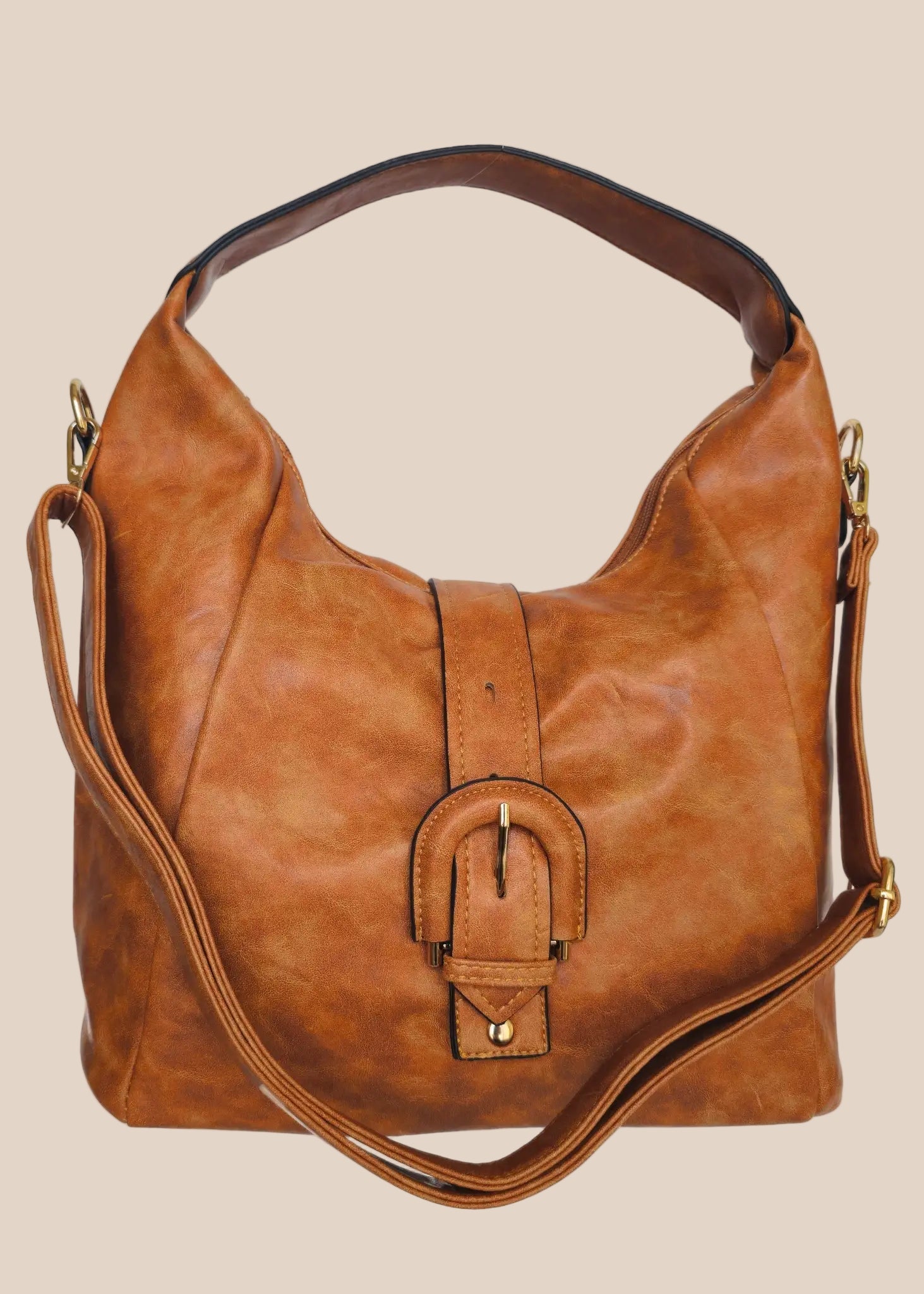 Brown leather handbag with a buckle detail front view
