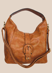 Brown leather handbag with a buckle detail front view