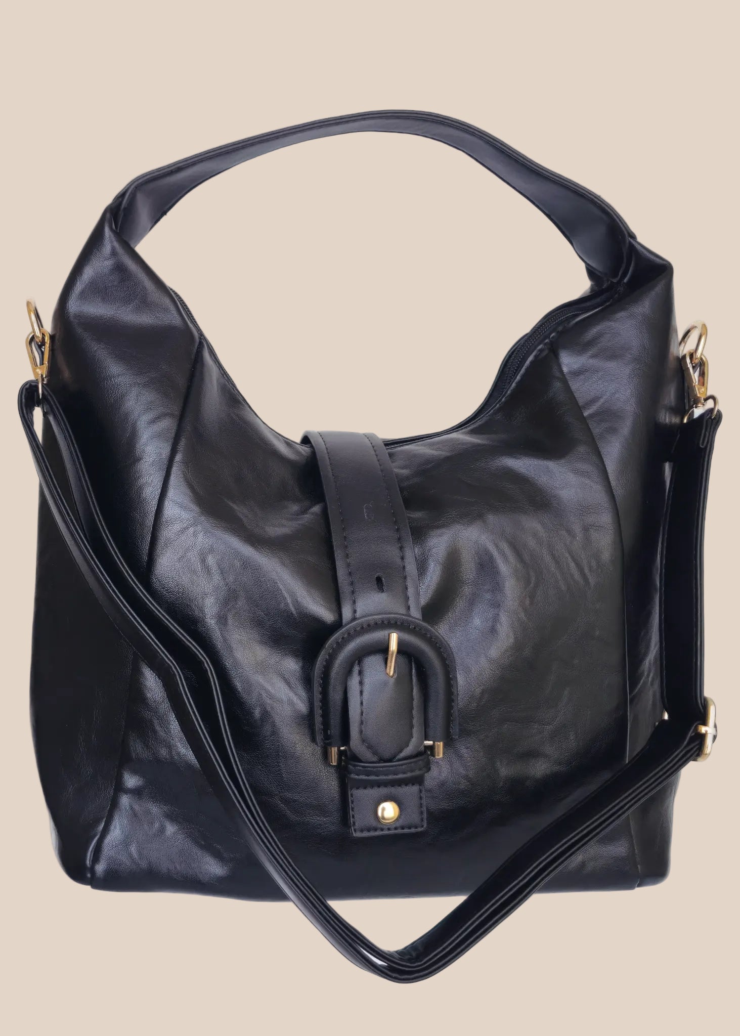 Black PU leather handbag with a buckle detail, front view