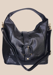 Black PU leather handbag with a buckle detail, front view