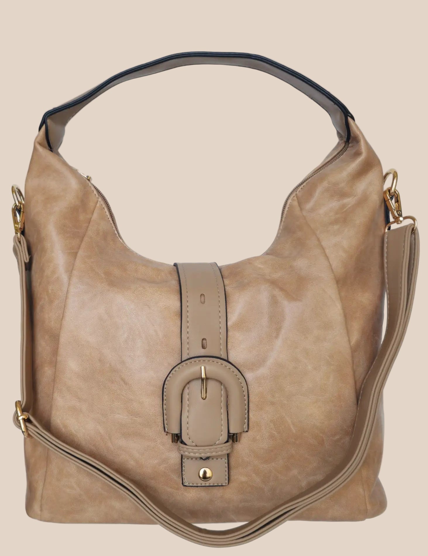 Beige PU leather handbag with a buckle detail front view