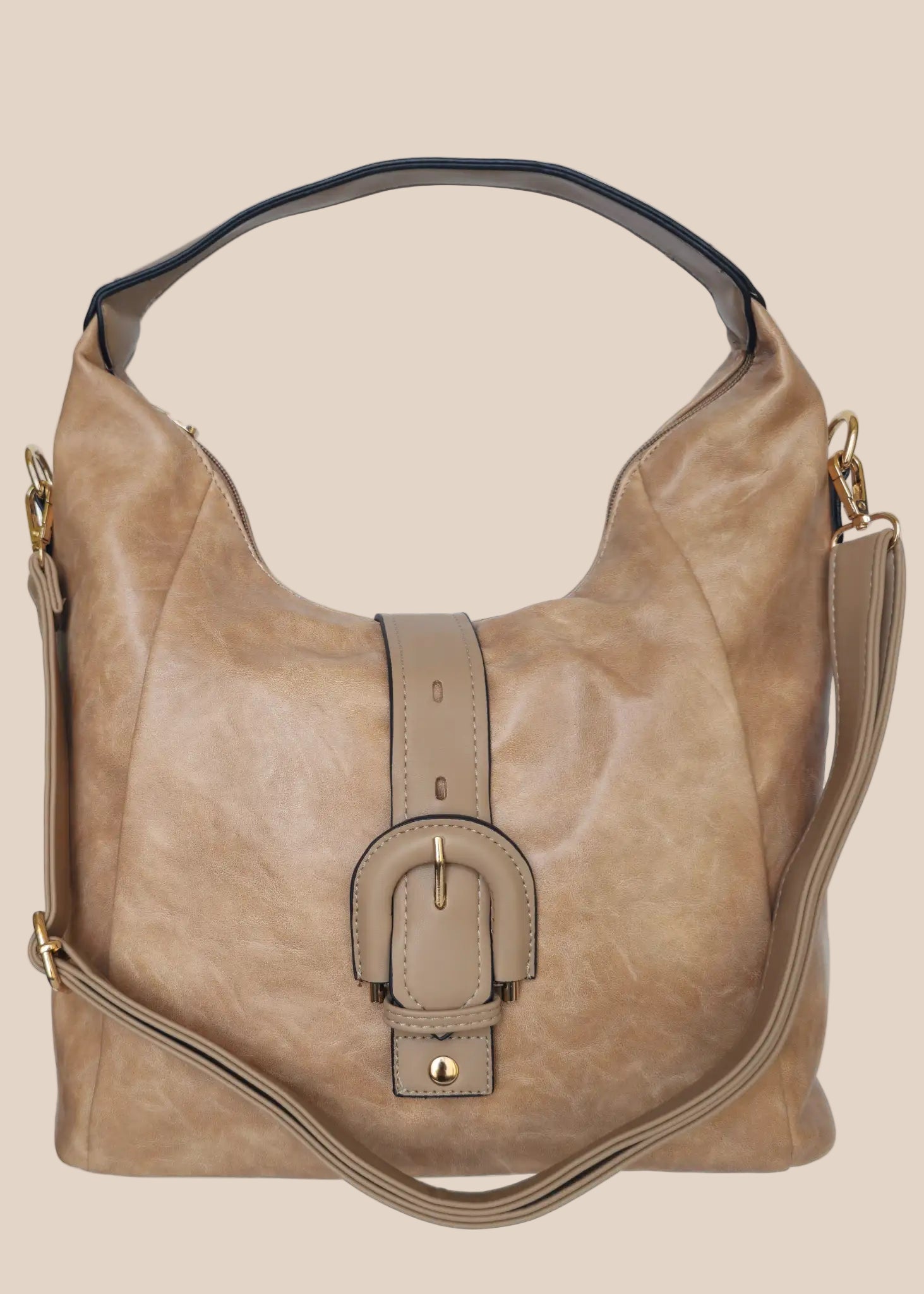 Beige PU leather handbag with a buckle detail front view