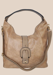 Beige PU leather handbag with a buckle detail front view