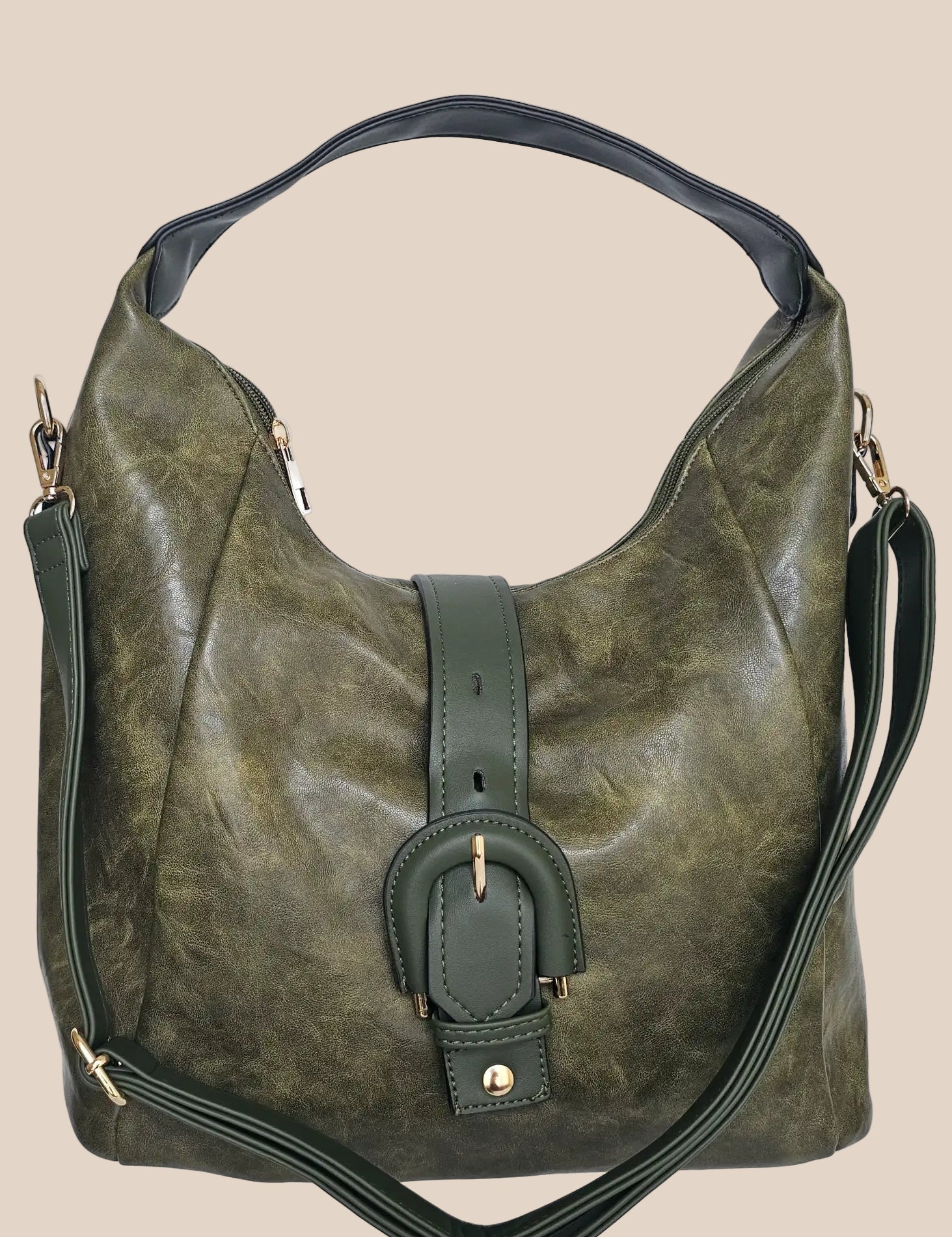 Green leather handbag with a buckle detail front view